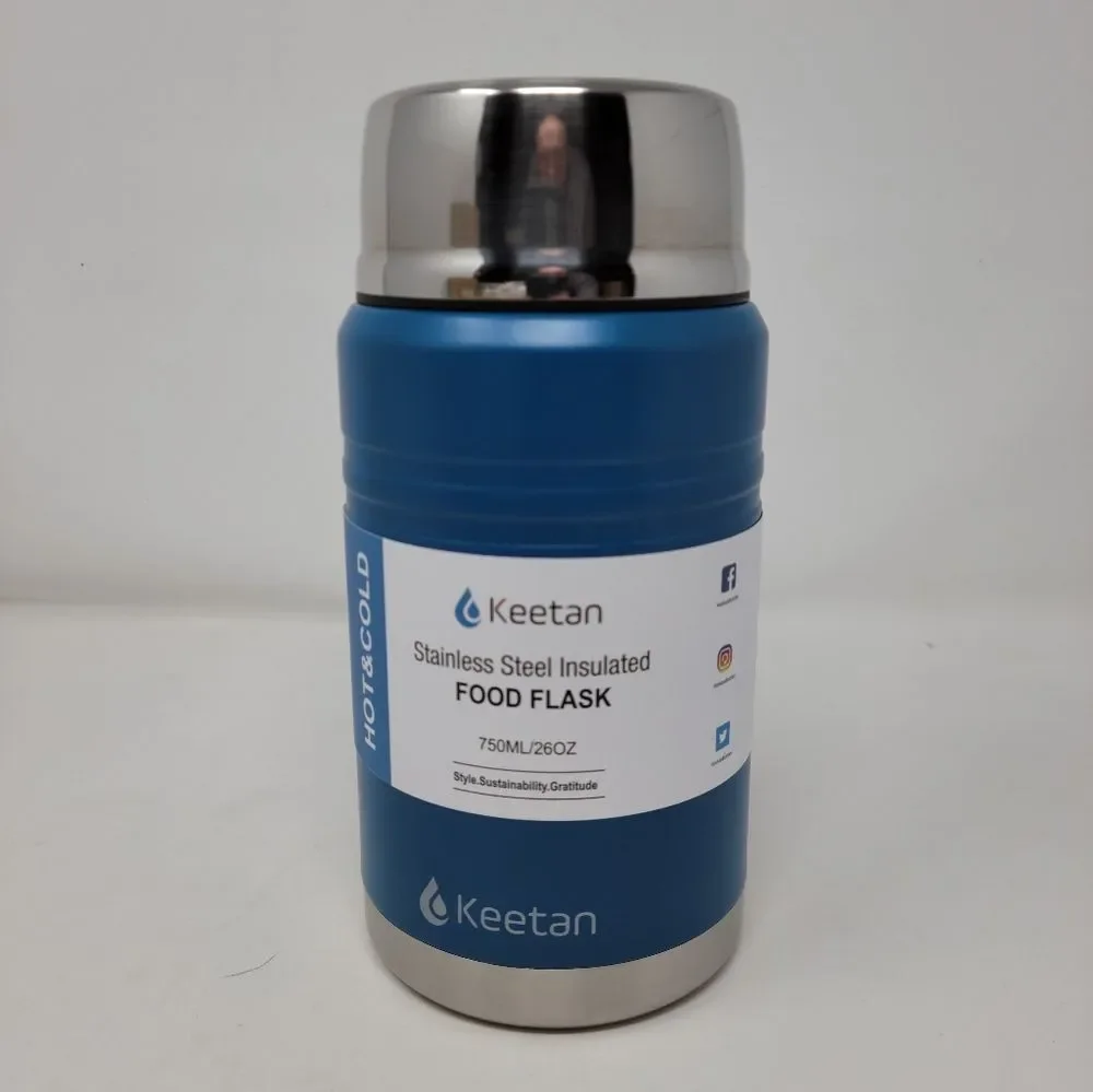 Keetan Vacuum Insulated Food Flask With Spoon  Stainless Steel/Blue 750ml New